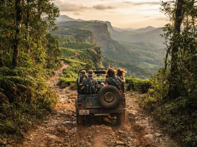 An open 4x4 jeep with travellers bouncing along the rutted forest, Manpara (Raja's Cliff), Nelliyampathy, Kerala, India