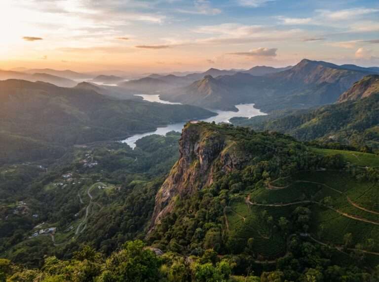 Aerial view of Manpara (Raja's Cliff), Nelliyampathy, Kerala, India, at golden hour