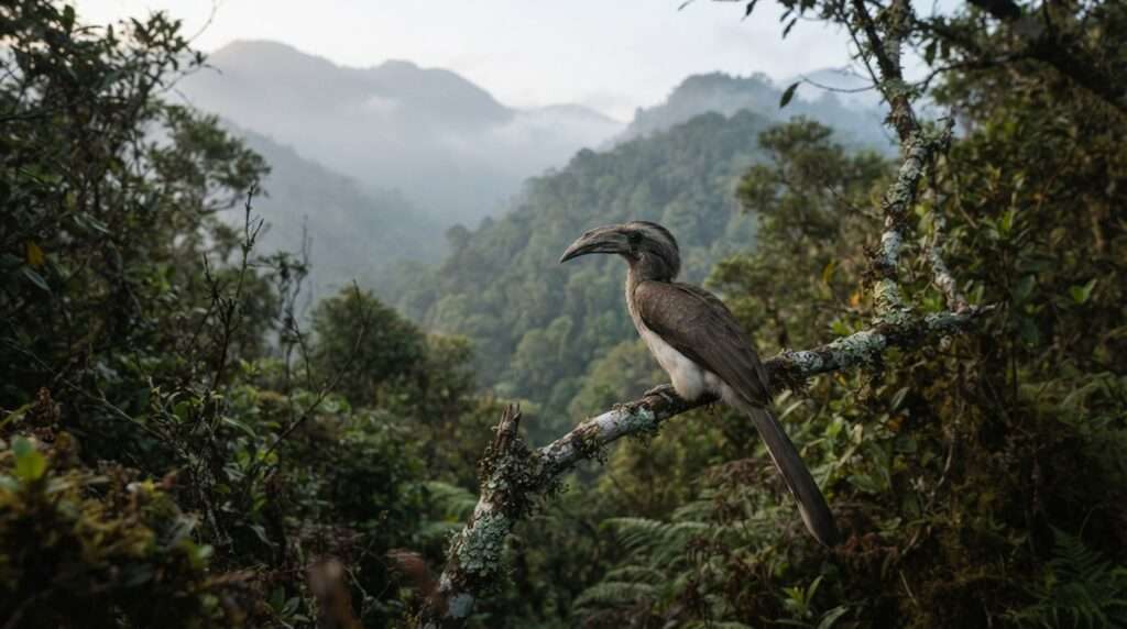 A Malabar grey hornbill perched at the forest edge in soft early, Padagiri (Nellikotta), Nelliyampathy, Kerala, India