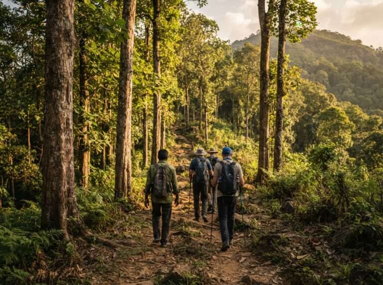 Trekkers with a forest guide on the summit trail through teak forest, Padagiri (Nellikotta), Nelliyampathy, Kerala, India
