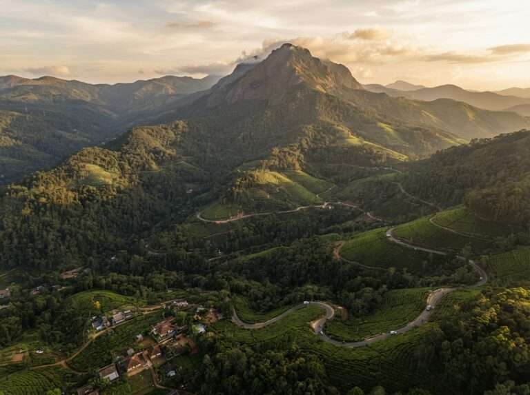 Aerial view of Padagiri (Nellikotta), Nelliyampathy, Kerala, India, at golden hour