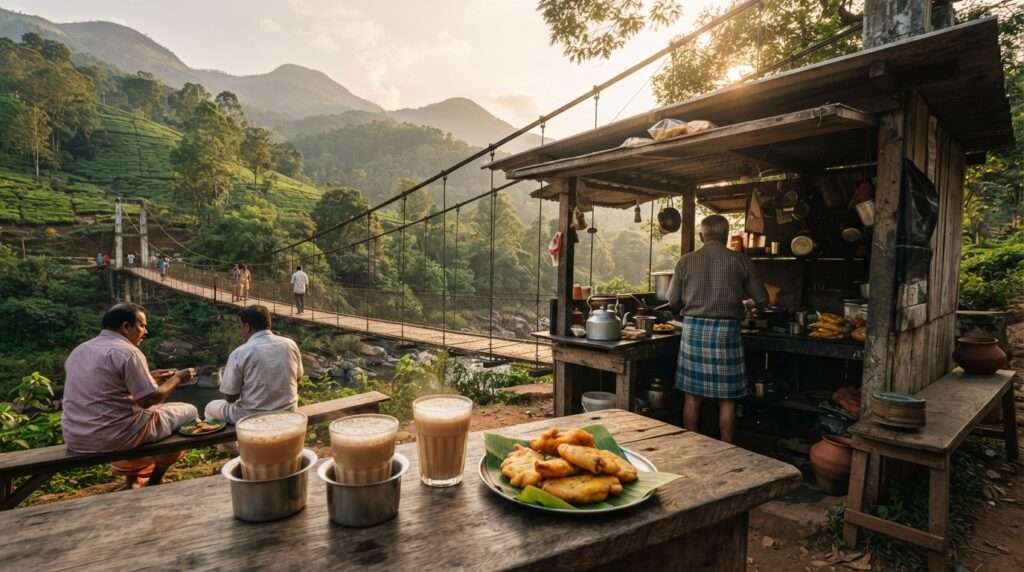 A small roadside tea shop by the bridge with glasses, Karappara and the hanging bridge, Nelliyampathy, Kerala, India