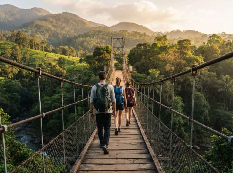 Travellers crossing the hanging bridge on foot, Karappara and the hanging bridge, Nelliyampathy, Kerala, India