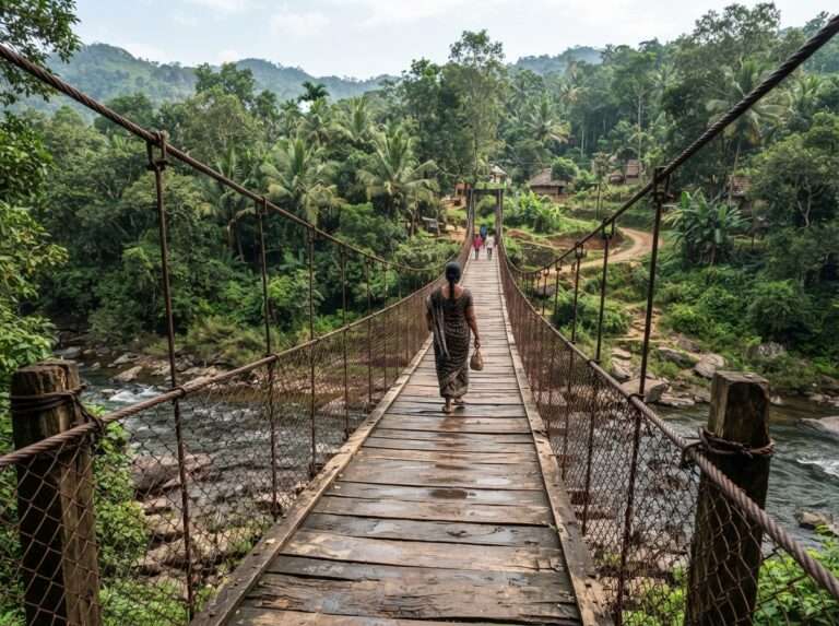The hanging footbridge across the river at Karappara forest, Karappara and the hanging bridge, Nelliyampathy, Kerala, India