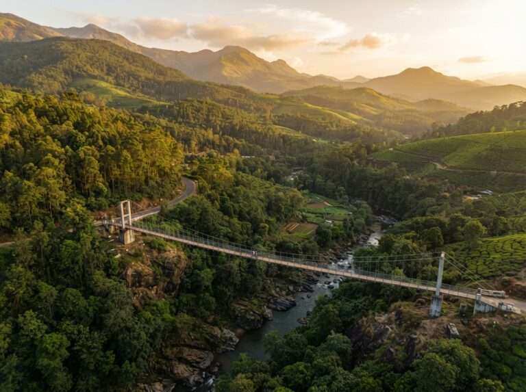 Aerial view of Karappara and the hanging bridge, Nelliyampathy, Kerala, India, at golden hour