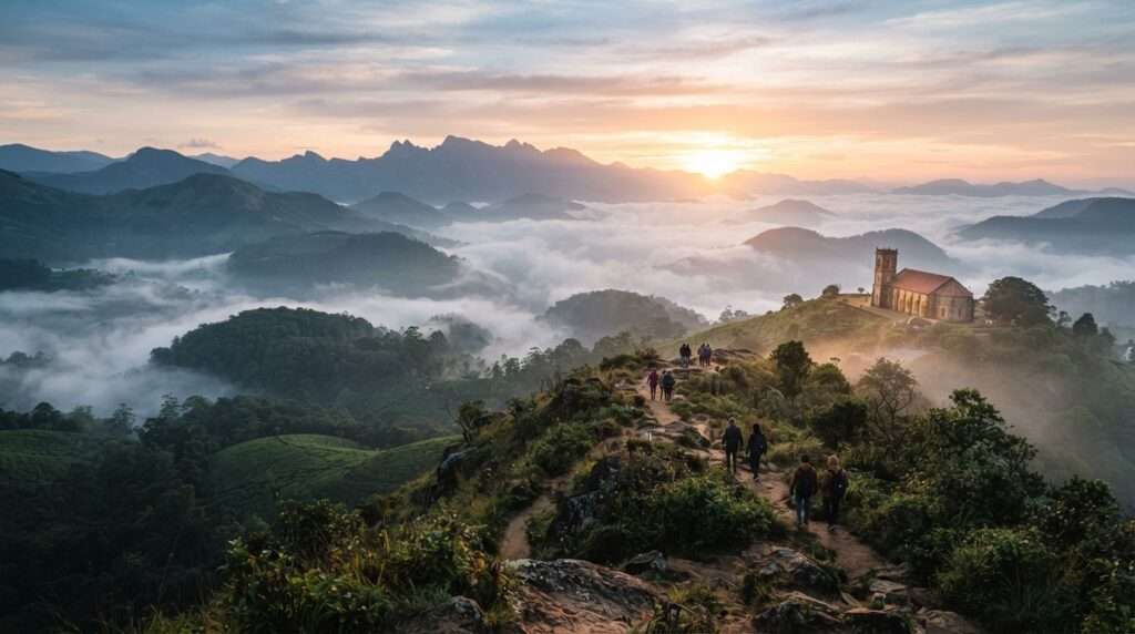 Early morning sunrise light over the ridge, Victoria Church Hills and the Lilly hilltop walk, Nelliyampathy, Kerala, India