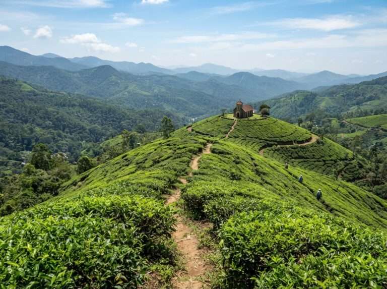 The quiet plantation ridge of Victoria, Victoria Church Hills and the Lilly hilltop walk, Nelliyampathy, Kerala, India