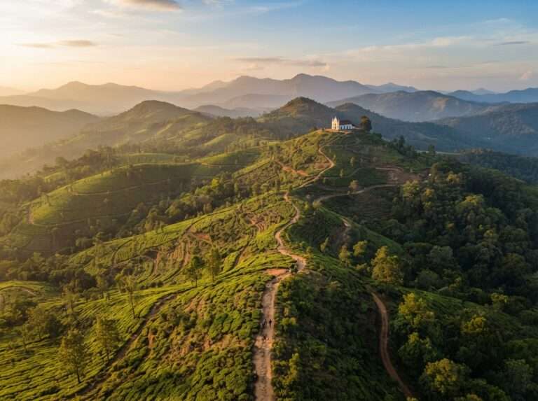 Aerial view of Victoria Church Hills and the Lilly hilltop walk, Nelliyampathy, Kerala, India, at golden hour