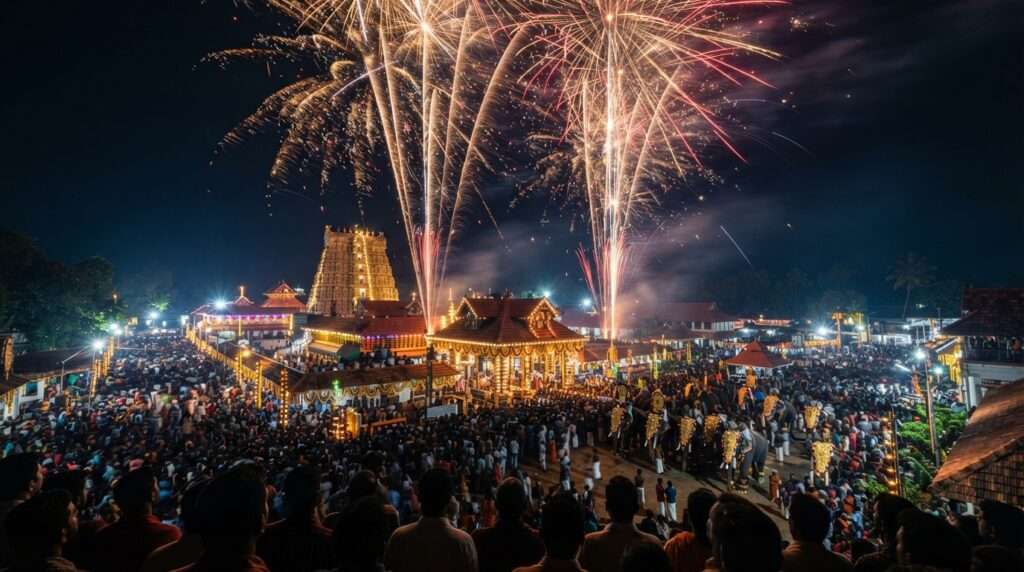 Night fireworks bursting over the temple grounds, Nenmara and Nellikulangara Bhagavathy Temple, Nelliyampathy, Kerala, India