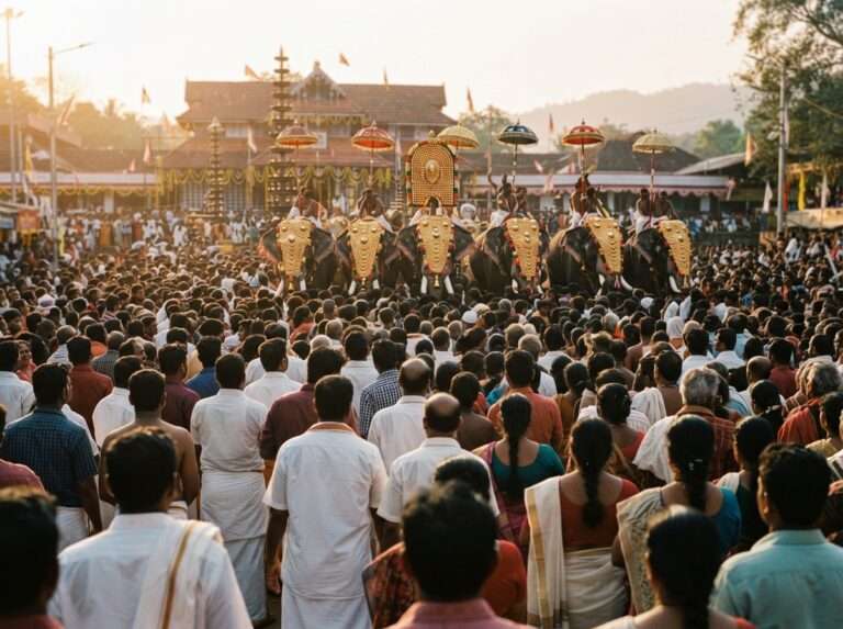 Devotees and spectators gathered at mid-distance, Nenmara and Nellikulangara Bhagavathy Temple, Nelliyampathy, Kerala, India