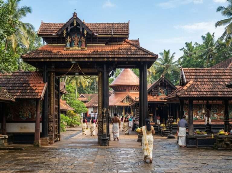 The Kerala-style tiled-roof gateway, Nenmara and Nellikulangara Bhagavathy Temple, Nelliyampathy, Kerala, India