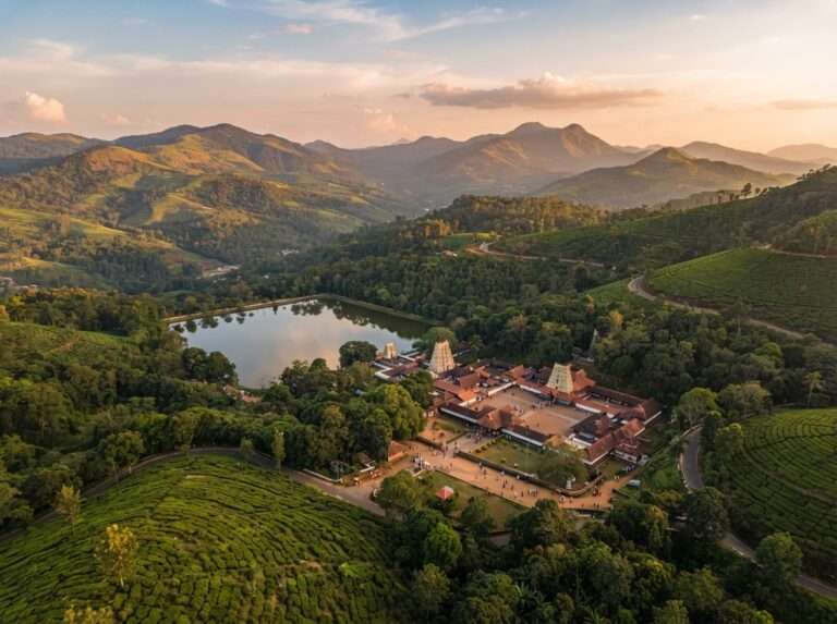 Aerial view of Nenmara and Nellikulangara Bhagavathy Temple, Nelliyampathy, Kerala, India, at golden hour