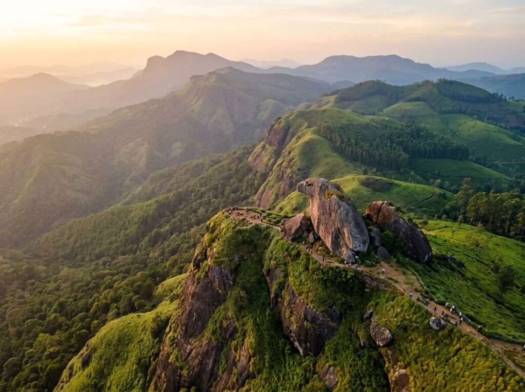The vast bare rock sheet at about 3,800 ft whose edge resembles an eagle's head, Parunthumpara (Eagle Rock), Kerala, India