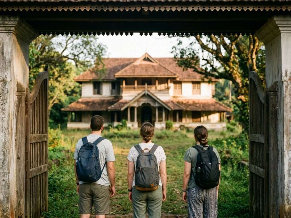 Visitors at the gate looking at the palace exterior from, Ammachi Kottaram (Kuttikkanam Summer Palace), Kerala, India