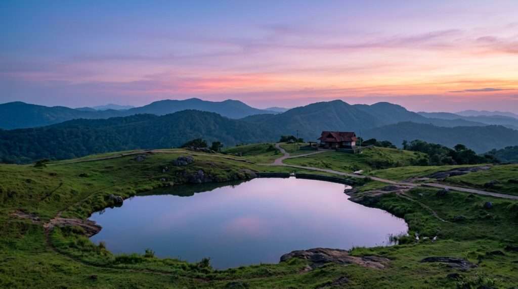 Alt: The Panchalikulam pond on the hilltop reflecting a pastel blue-hour sky over the hills, Panchalimedu, Kerala, India