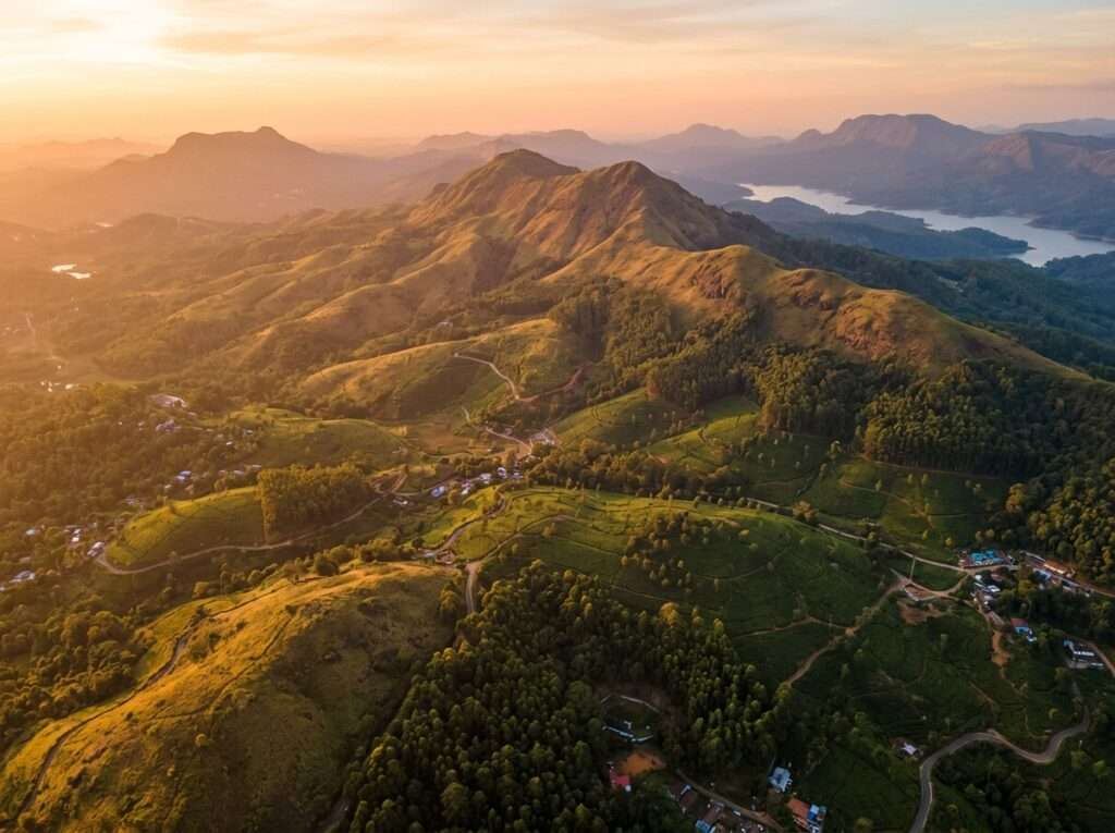 Aerial view of Thrissanku Hills, Kerala, India, at golden hour