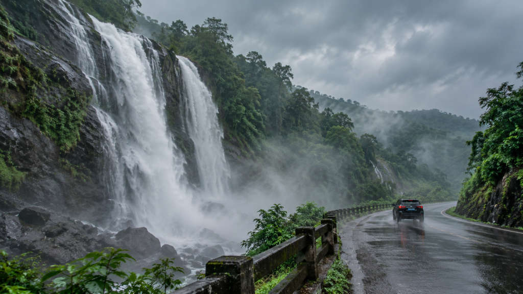 The falls running full in the monsoon, spray drifting across the wet highway under grey, Valanjanganam Falls, Kerala, India