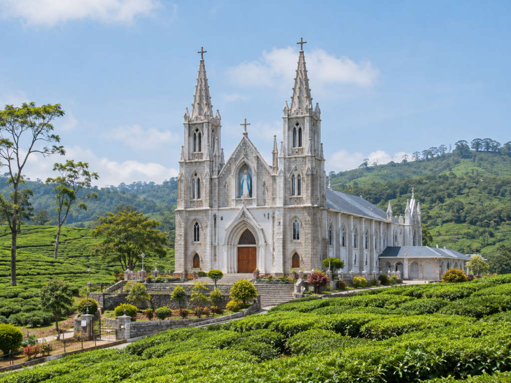 The granite Pattumala Velankanni Matha Church standing amid tea estates, Pattumala, Kerala, India
