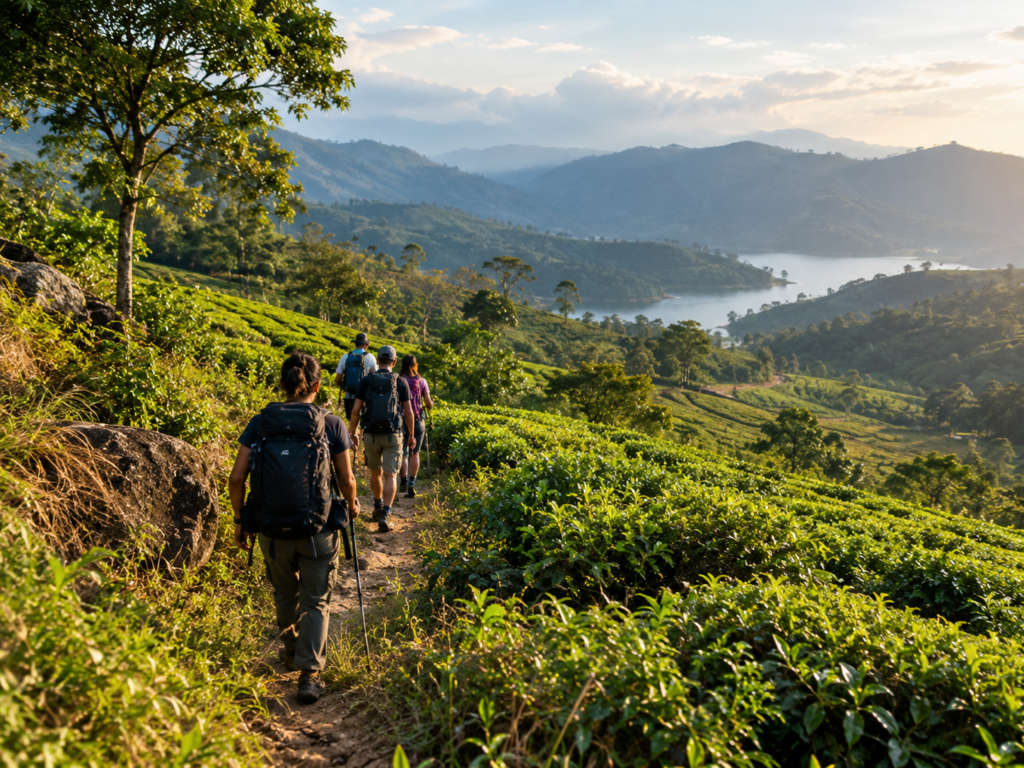 Trekkers climbing an estate path through tea and scrub, Grampi, Kerala, India
