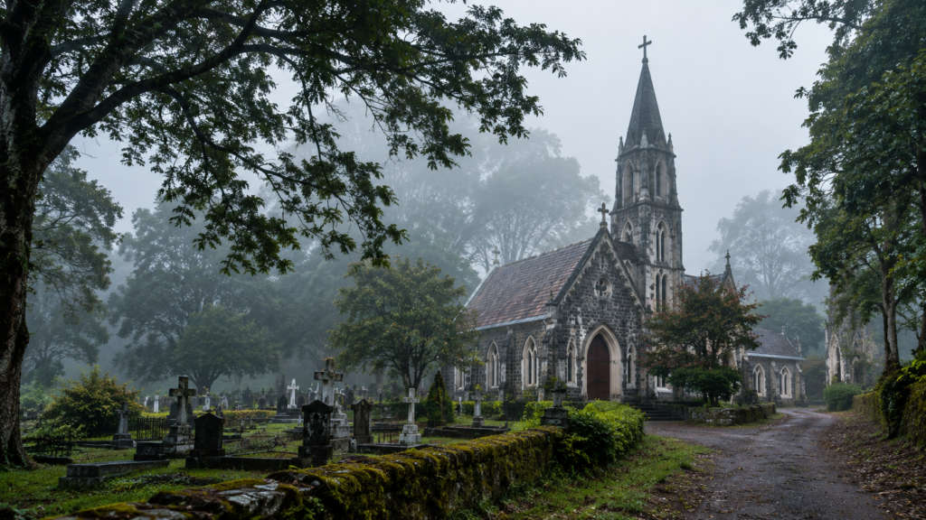 The stone church and cemetery wrapped in quiet fog under tall trees, St George's CSI Church, Kerala, India