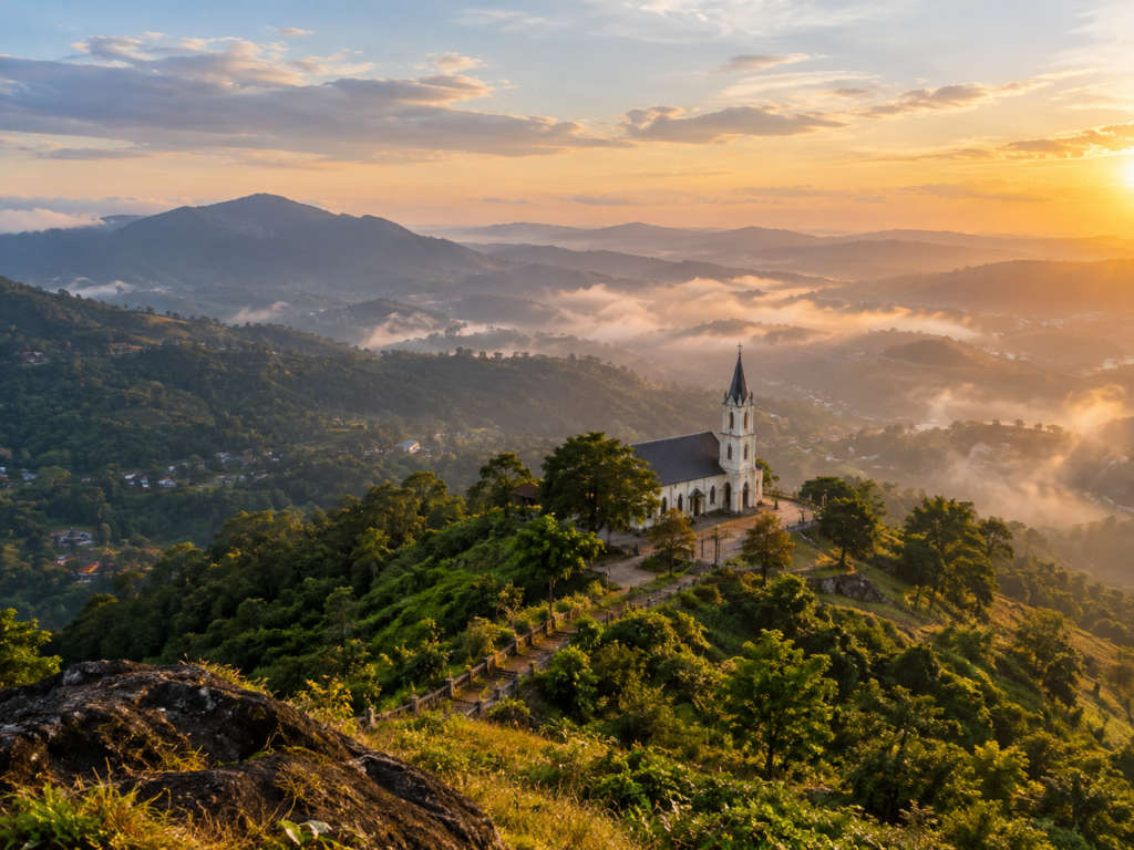 Aerial view of Amrithamedu (Kurisumala), Kerala, India, at golden hour