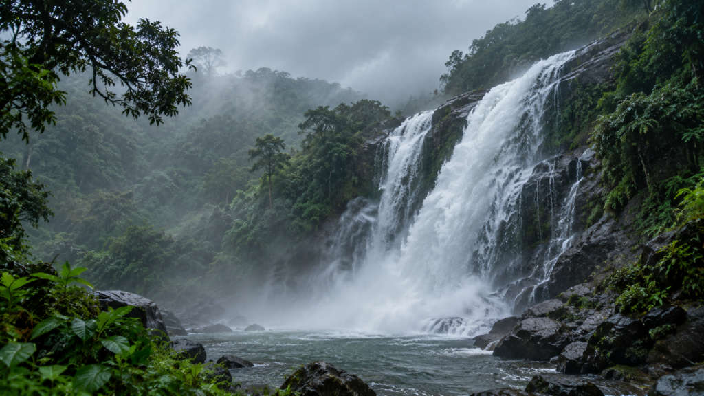 The waterfall and pool in full monsoon flow, misty rain-soaked forest, Madammakkulam Waterfalls, Kerala, India