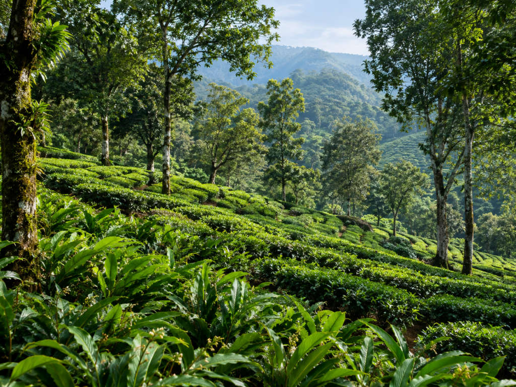 Neat rows of tea bushes and cardamom plants growing under forest shade, Peermade tea and cardamom estates, Kerala, India