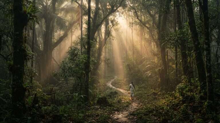A lone visitor walking a shaded forest path deep under the sacred-grove canopy, Iringole Kavu, India