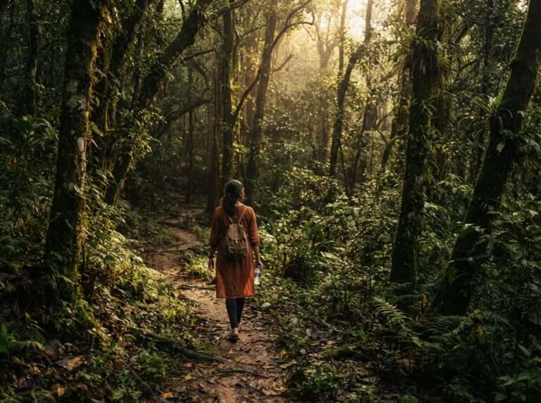 Dawn light filtering through the dense grove canopy with low mist, early morning, Iringole Kavu, India