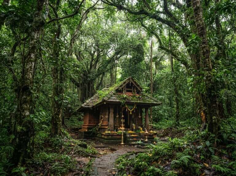 A dense 50-acre sacred-grove forest canopy wrapped around a small Bhagavathy temple shrine, Iringole Kavu, India