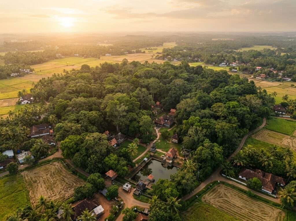 Aerial view of Iringole Kavu, India, at golden hour