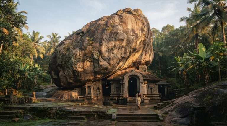 Soft golden morning light raking across the massive granite boulder, Kallil Temple & Caves, India