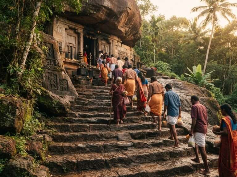 Pilgrims climbing the worn stone steps up to the rock temple entrance, Kallil Temple & Caves, India