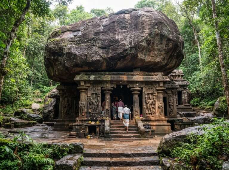 A rock-cut cave temple carved into and beneath a single enormous granite boulder, Kallil Temple & Caves, India