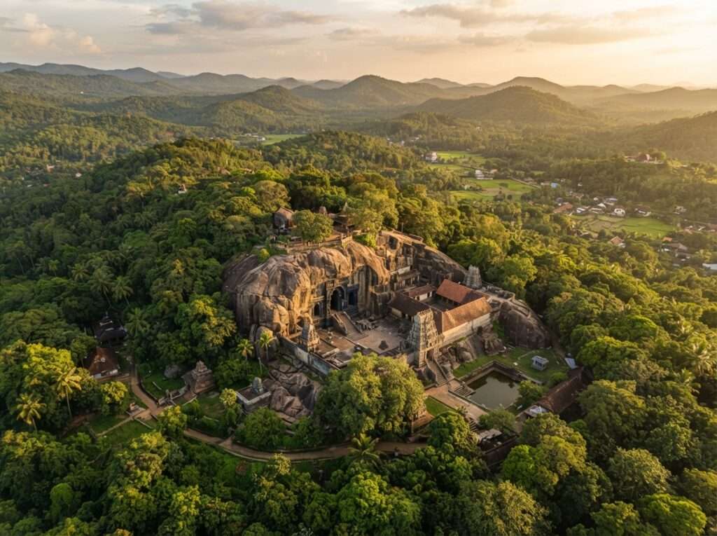 Aerial view of Kallil Temple & Caves, India, at golden hour