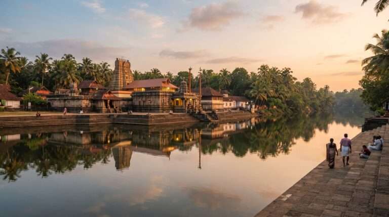 The riverside temple complex mirrored in the calm Periyar at golden hour, Adi Shankara Janmabhoomi Kshetram, India