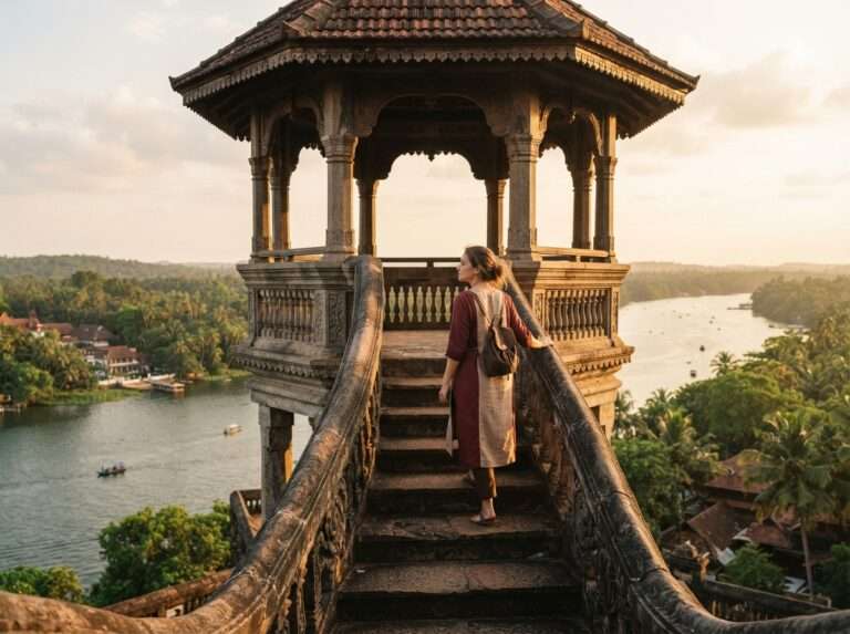A visitor climbing the octagonal