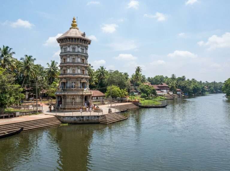 The octagonal Adi Sankara Keerthi Sthamba Mandapam memorial tower beside the Periyar river, Adi Shankara Janmabhoomi Kshetram