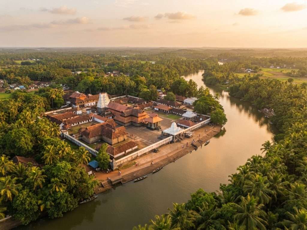 Aerial view of Adi Shankara Janmabhoomi Kshetram, India, at golden hour