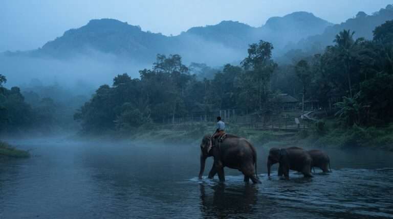 Misty blue-hour morning over the river beside the elephant centre, Kodanad Elephant Training Centre, India
