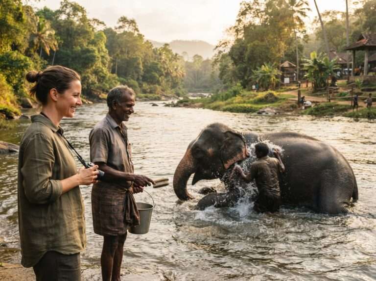 A mahout and a visitor watching an elephant being bathed at the river's edge, Kodanad Elephant Training Centre, India