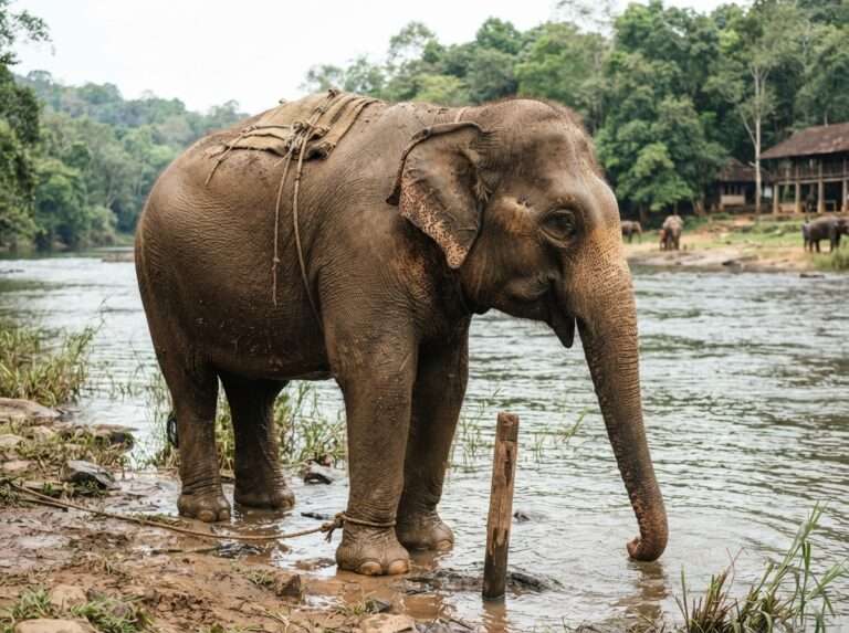 A domesticated elephant standing at the edge of the Periyar river at the care centre, Kodanad Elephant Training Centre, India