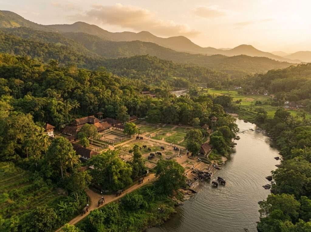 Aerial view of Kodanad Elephant Training Centre, India, at golden hour