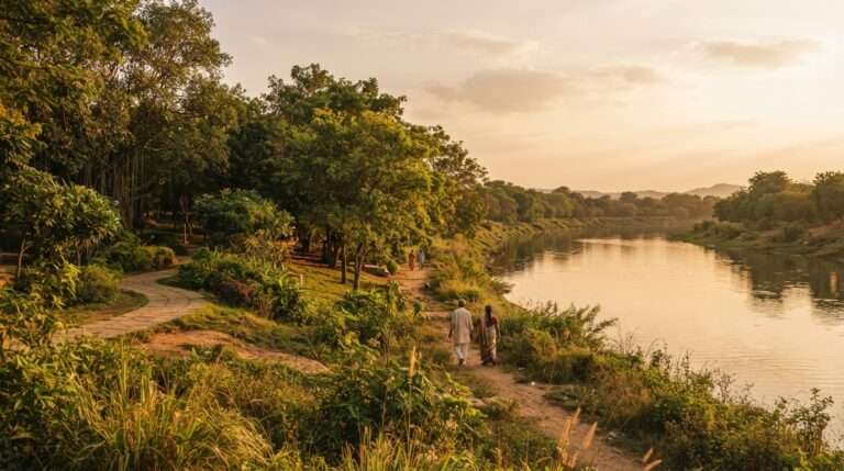 Warm late-afternoon golden light across the green park and riverbank, Haritha Bio Park, India