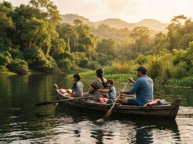 A family taking a small boat out on the Periyar at the bio park, Haritha Bio Park, India