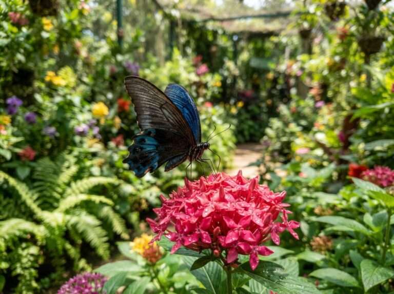A lush butterfly garden with a butterfly resting on a tropical flower, Haritha Bio Park, India