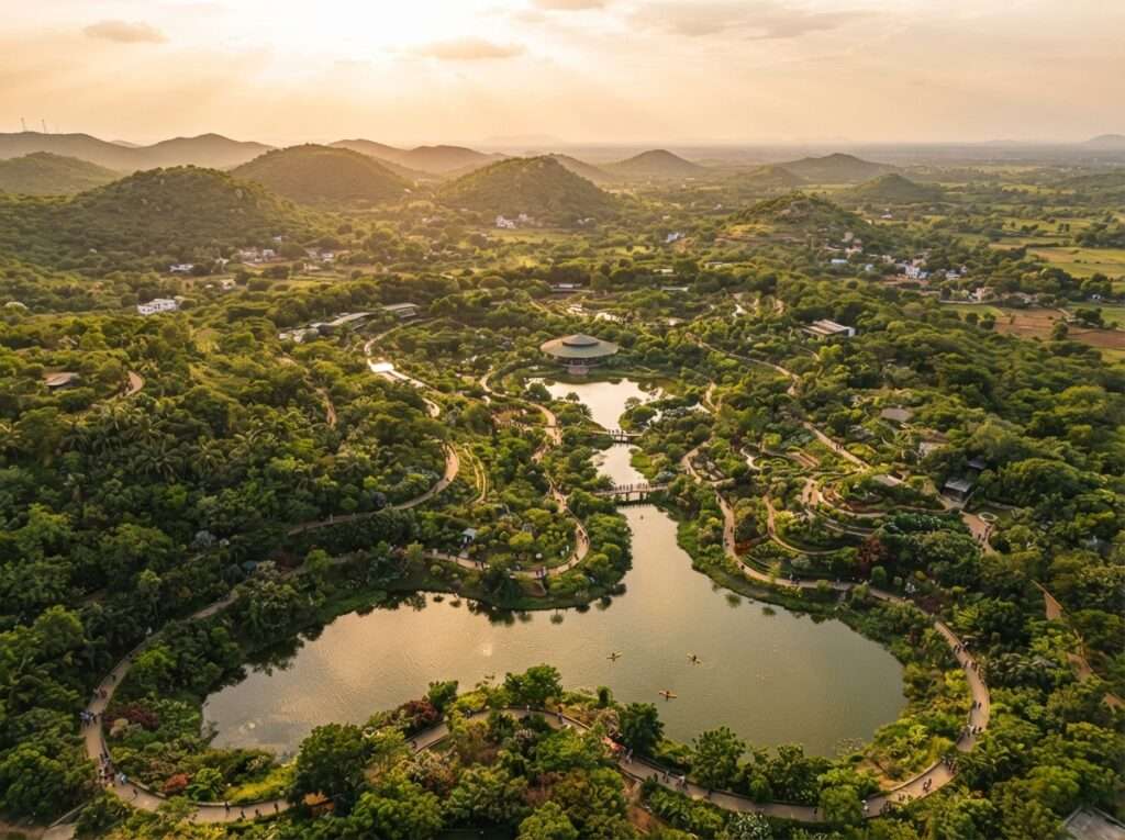 Aerial view of Haritha Bio Park, India, at golden hour