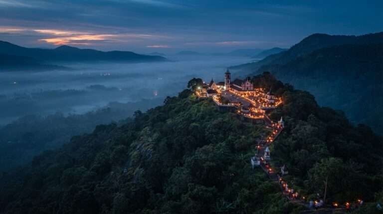 Aerial view of Thattekad Bird Sanctuary, India, at golden hour