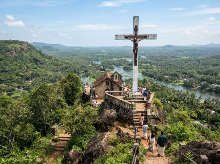 Pilgrims climbing the steep hill trail carrying wooden crosses, Malayattoor Church And Kurishumudy, India
