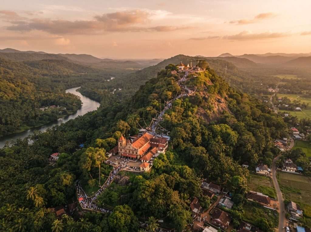 Aerial view of Malayattoor Church And Kurishumudy, India, at golden hour